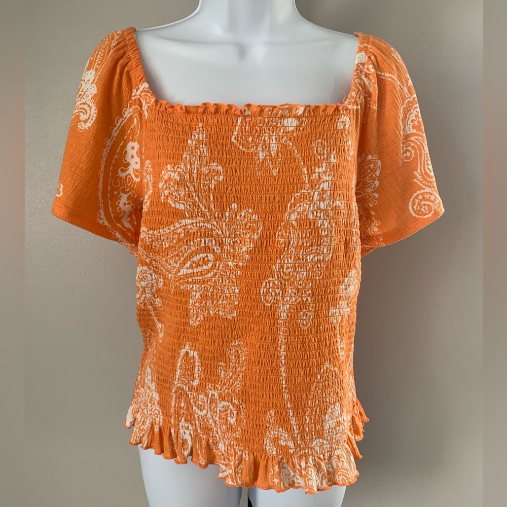 Cato Vibrant Orange Paisley Smocked Top